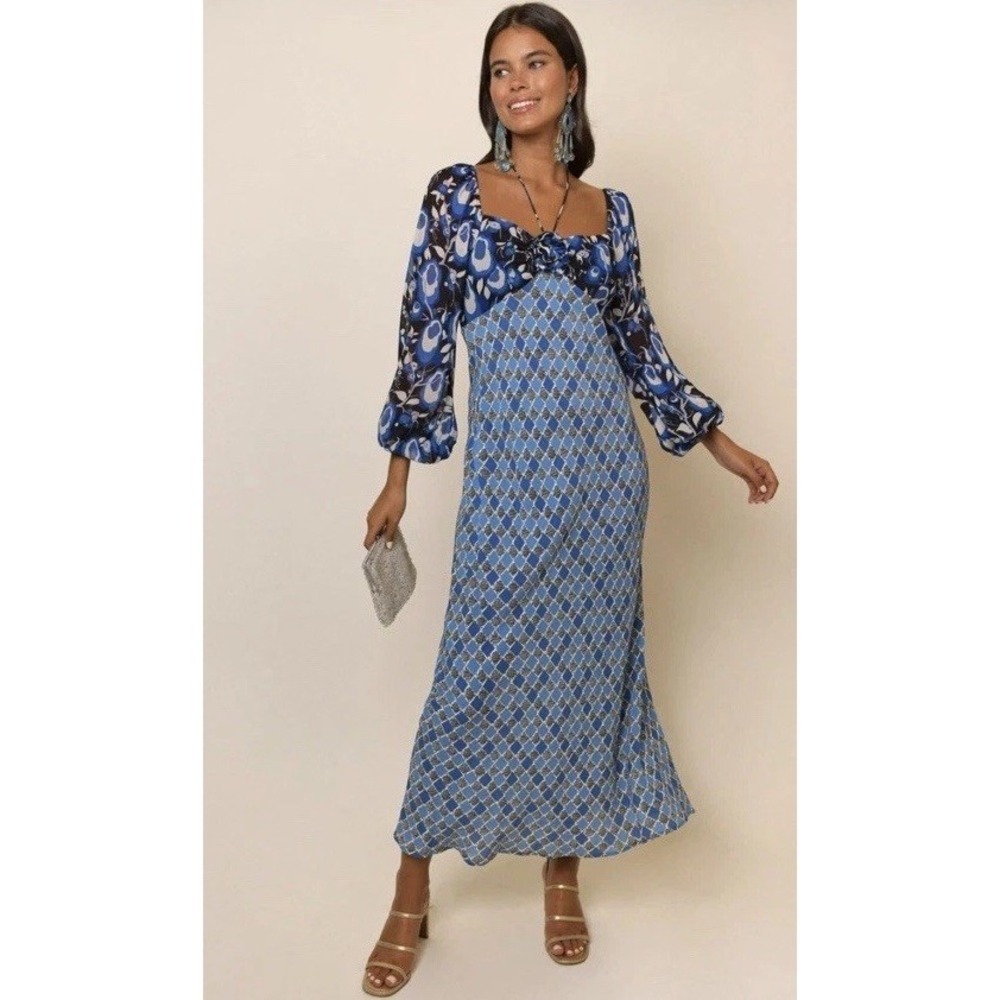 Rixo JEANIE Printed halterneck Floral Silk Blend Midi Dress Size Small